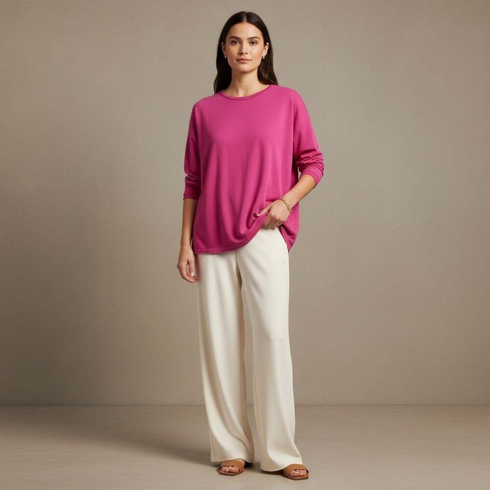 Eileen Fisher Magenta TENCEL Lyocell Boxy Pullover Top Large Long Sleeve Crew